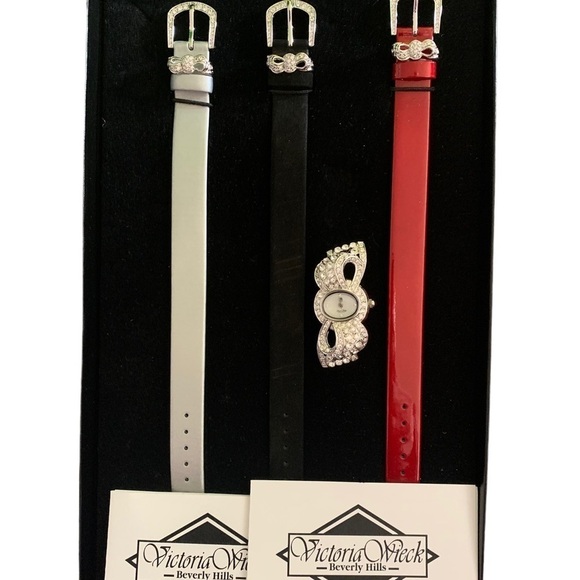 🆕 Victoria Wieck Pave Rhinestone Watch Set Leather Bands